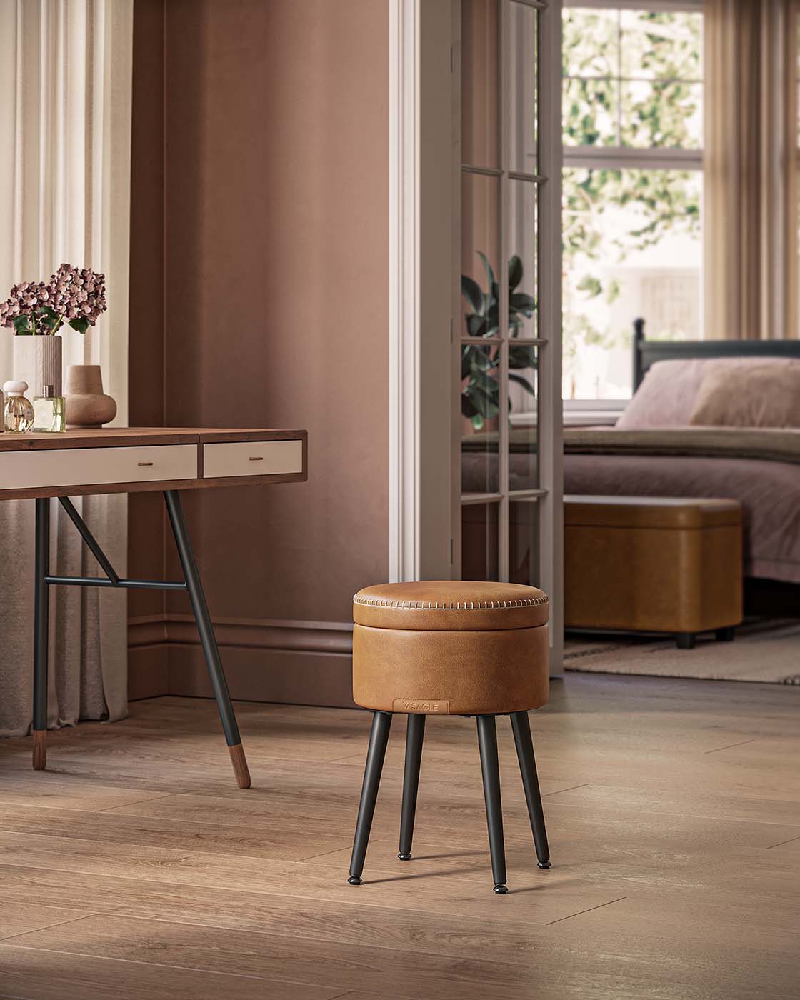 Storage Ottoman – Synthetic Leather – Caramel Brown – Round with Steel Legs, Max Load 150 kg