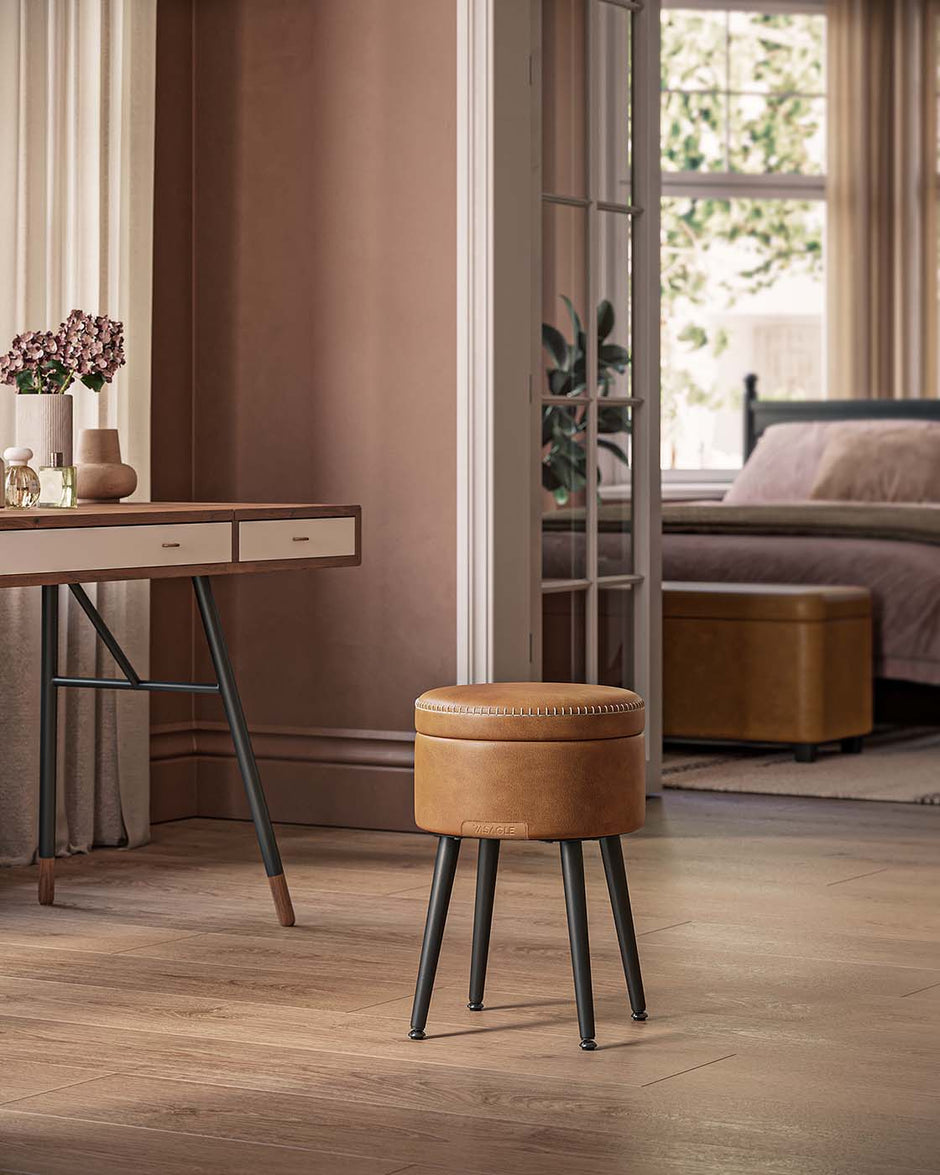 Storage Ottoman – Synthetic Leather – Caramel Brown – Round with Steel Legs, Max Load 150 kg