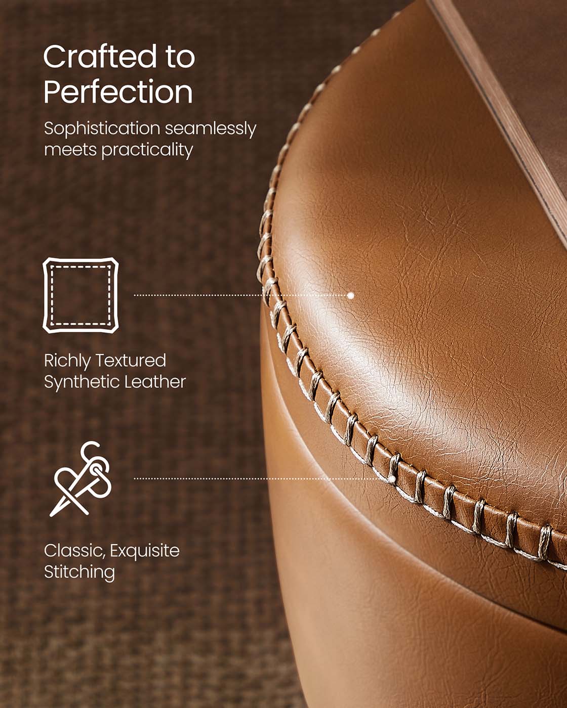 Storage Ottoman – Synthetic Leather – Caramel Brown – Round with Steel Legs, Max Load 150 kg