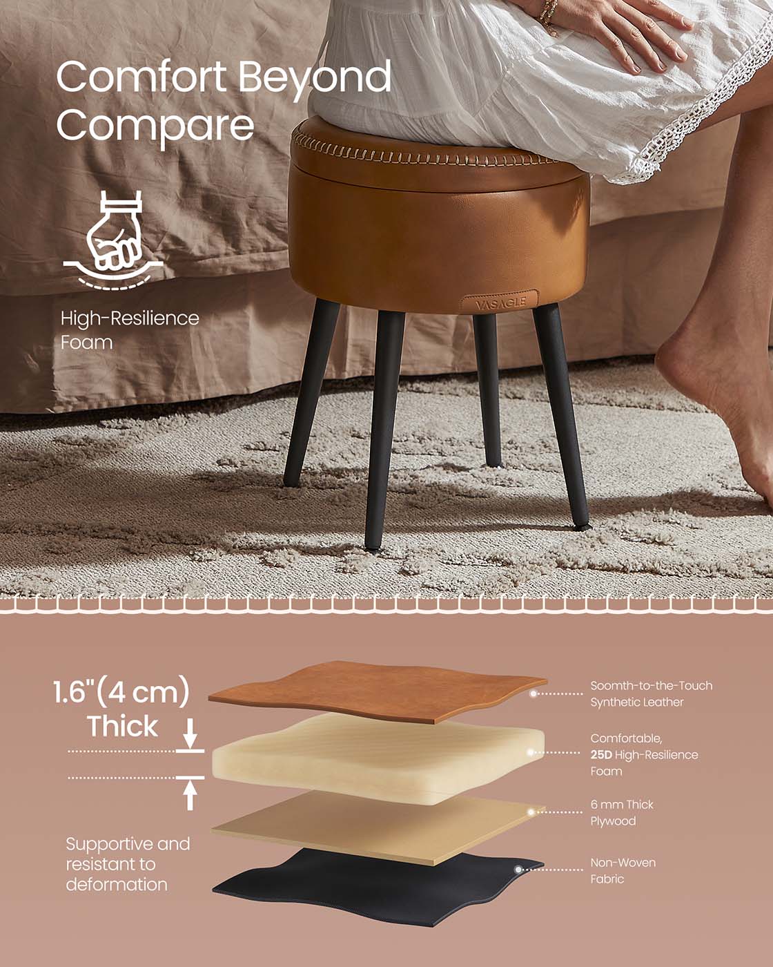 Storage Ottoman – Synthetic Leather – Caramel Brown – Round with Steel Legs, Max Load 150 kg