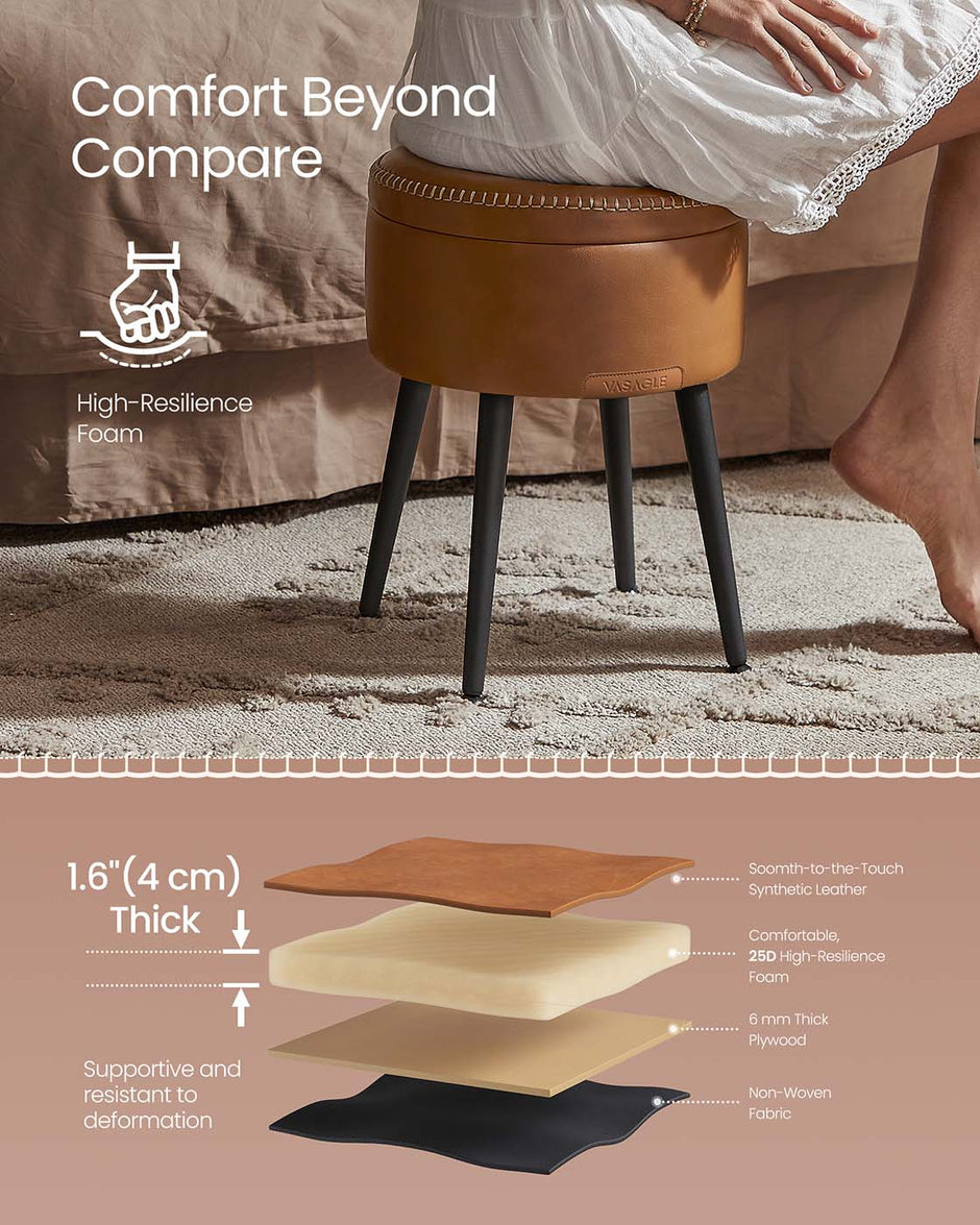 Storage Ottoman – Synthetic Leather – Caramel Brown – Round with Steel Legs, Max Load 150 kg
