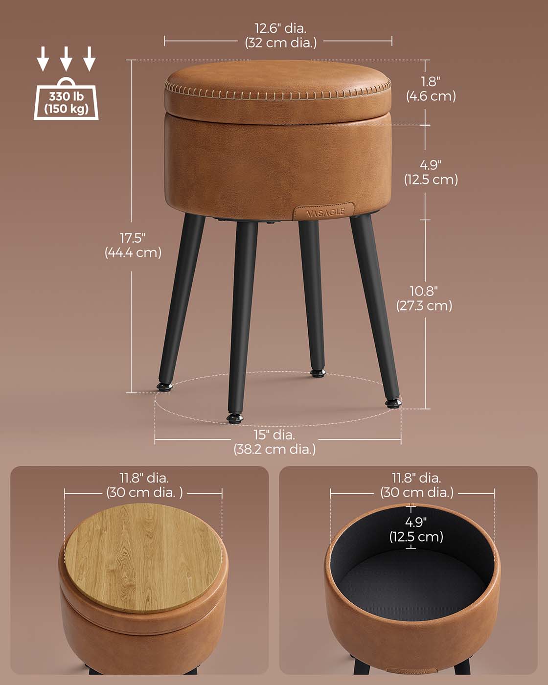 Storage Ottoman – Synthetic Leather – Caramel Brown – Round with Steel Legs, Max Load 150 kg