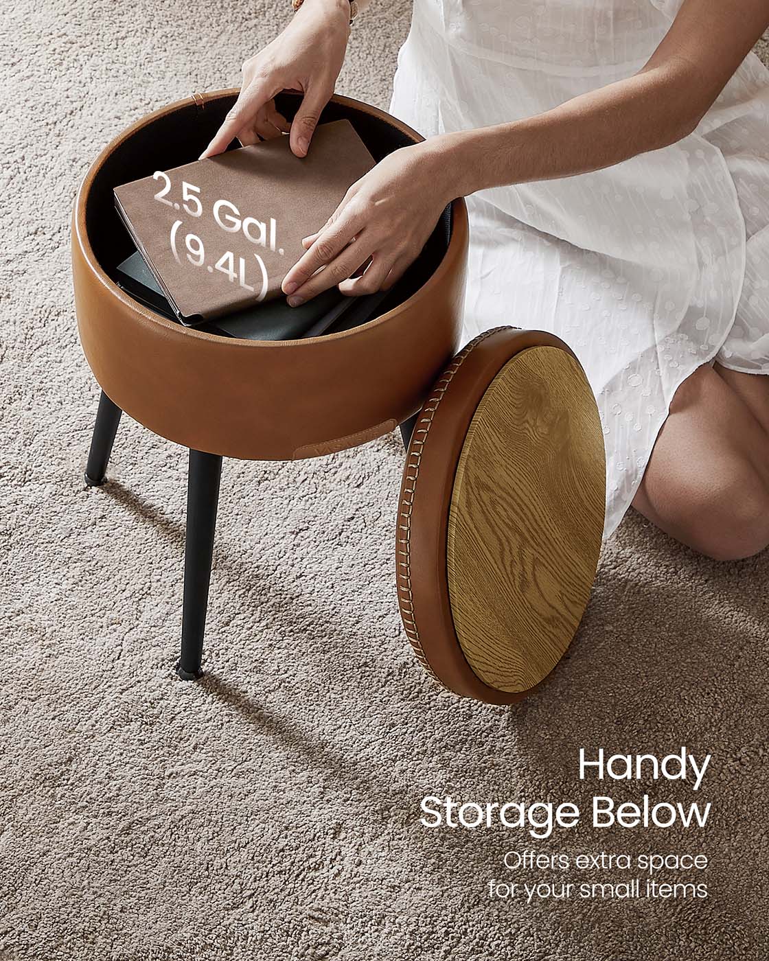 Storage Ottoman – Synthetic Leather – Caramel Brown – Round with Steel Legs, Max Load 150 kg