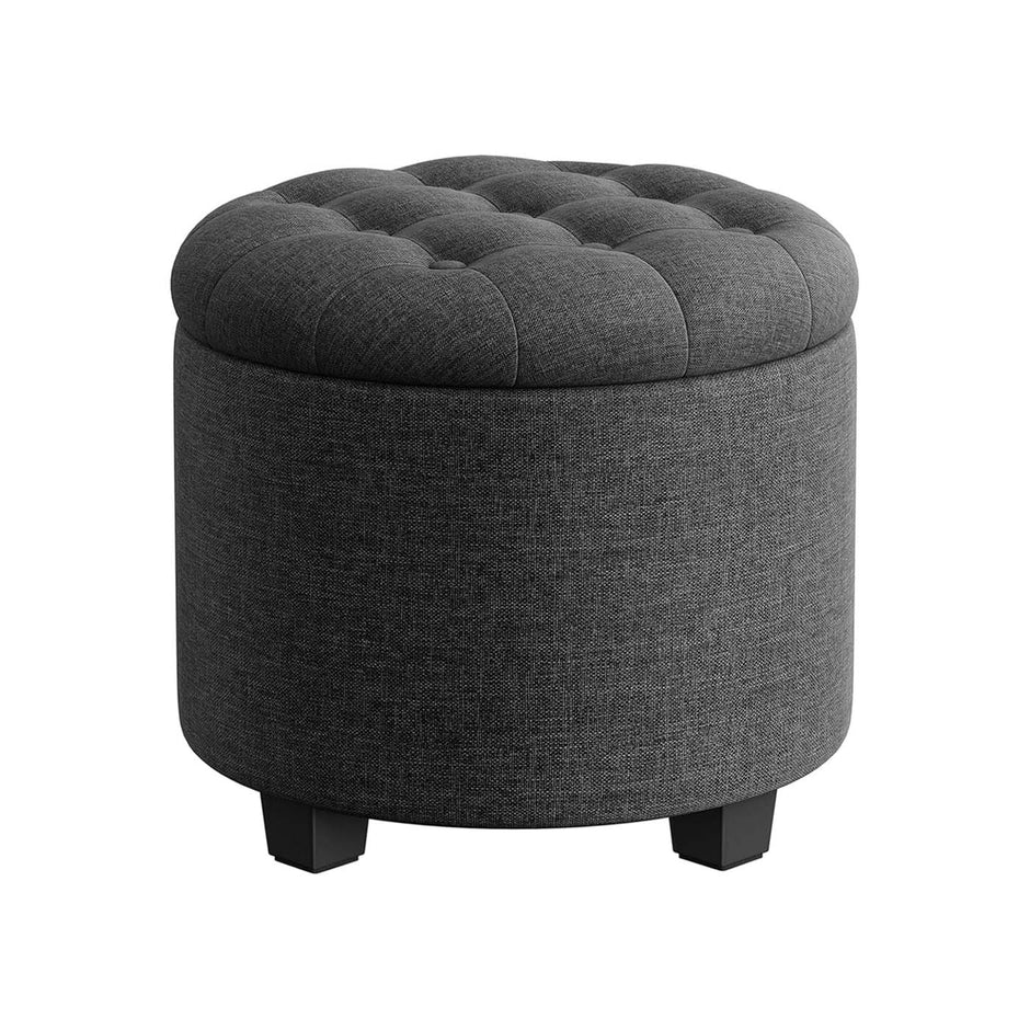 Round Ottoman – Linen-Look Fabric – Dark Grey – Storage and Footrest Functionality