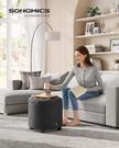 Round Ottoman – Linen-Look Fabric – Dark Grey – Storage and Footrest Functionality