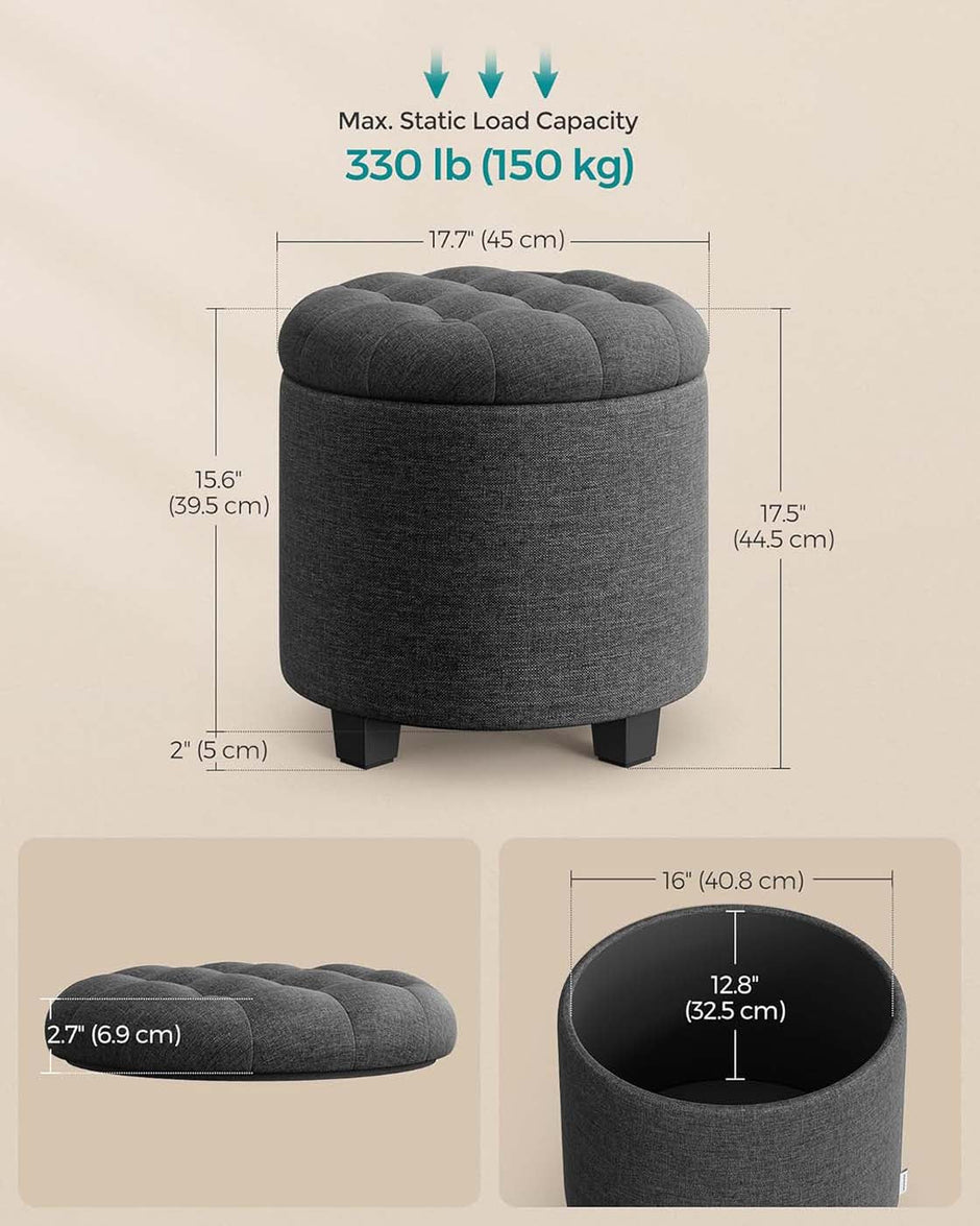 Round Ottoman – Linen-Look Fabric – Dark Grey – Storage and Footrest Functionality