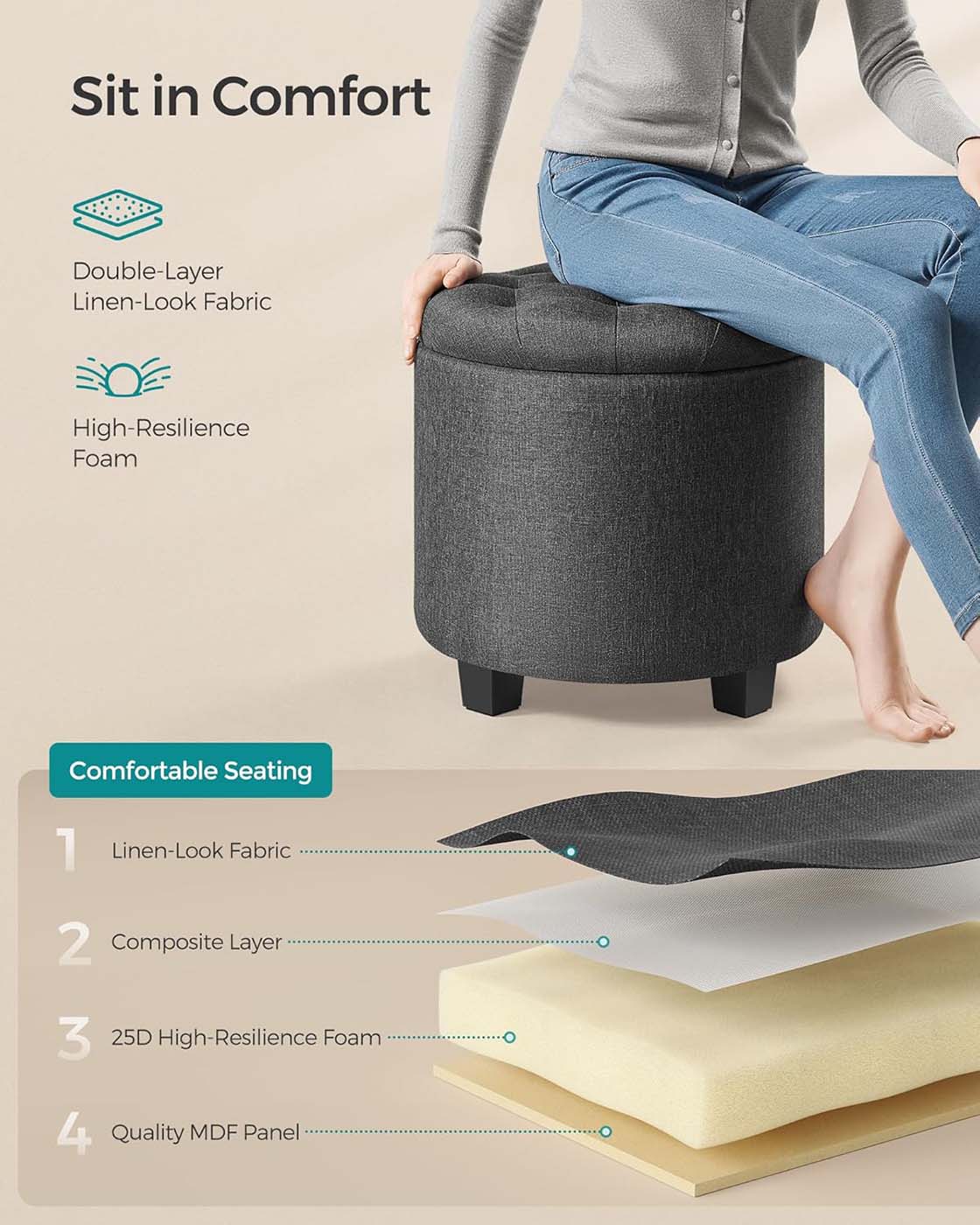 Round Ottoman – Linen-Look Fabric – Dark Grey – Storage and Footrest Functionality