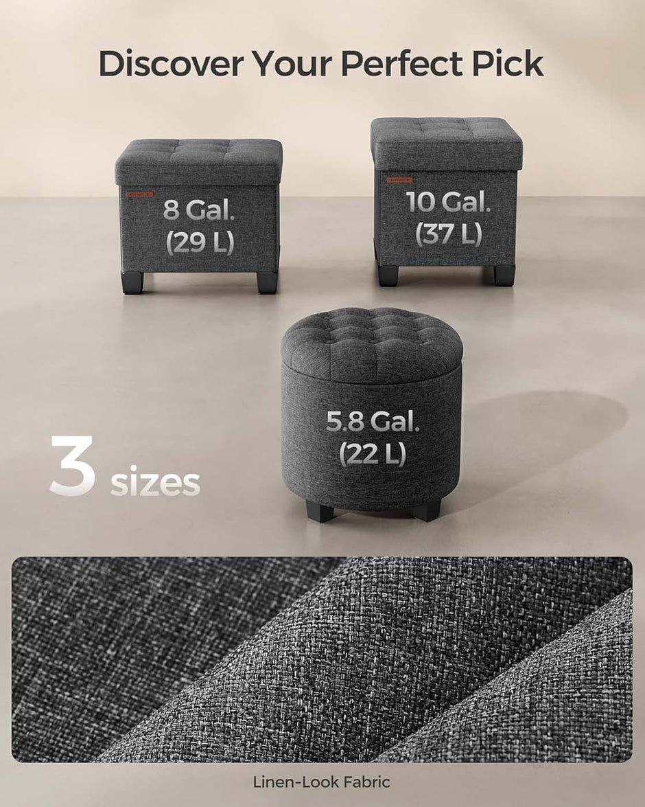 Round Ottoman – Linen-Look Fabric – Dark Grey – Storage and Footrest Functionality