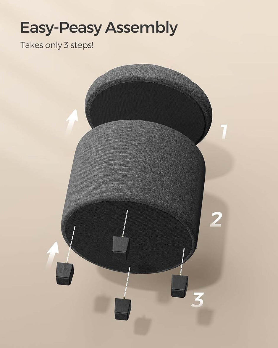 Round Ottoman – Linen-Look Fabric – Dark Grey – Storage and Footrest Functionality