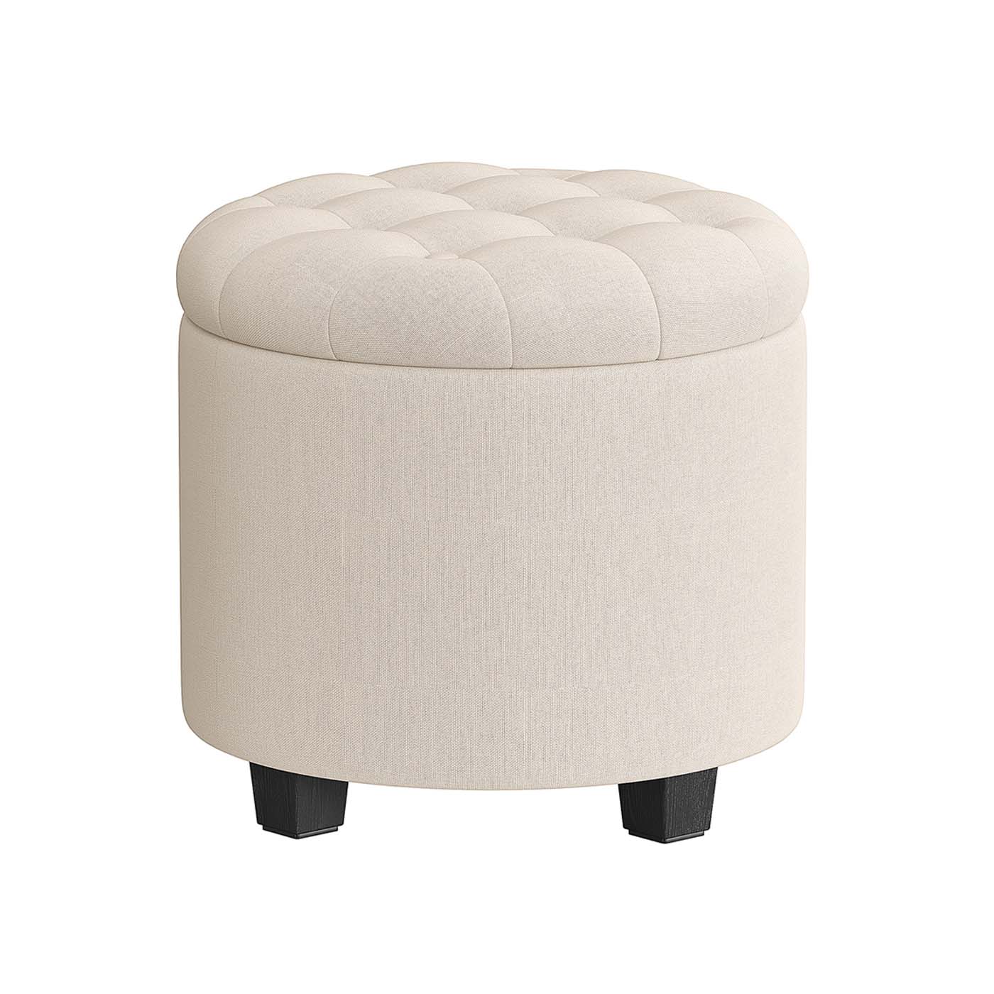 Round Ottoman – Linen-Look Fabric – Dark Grey – Storage and Footrest Functionality