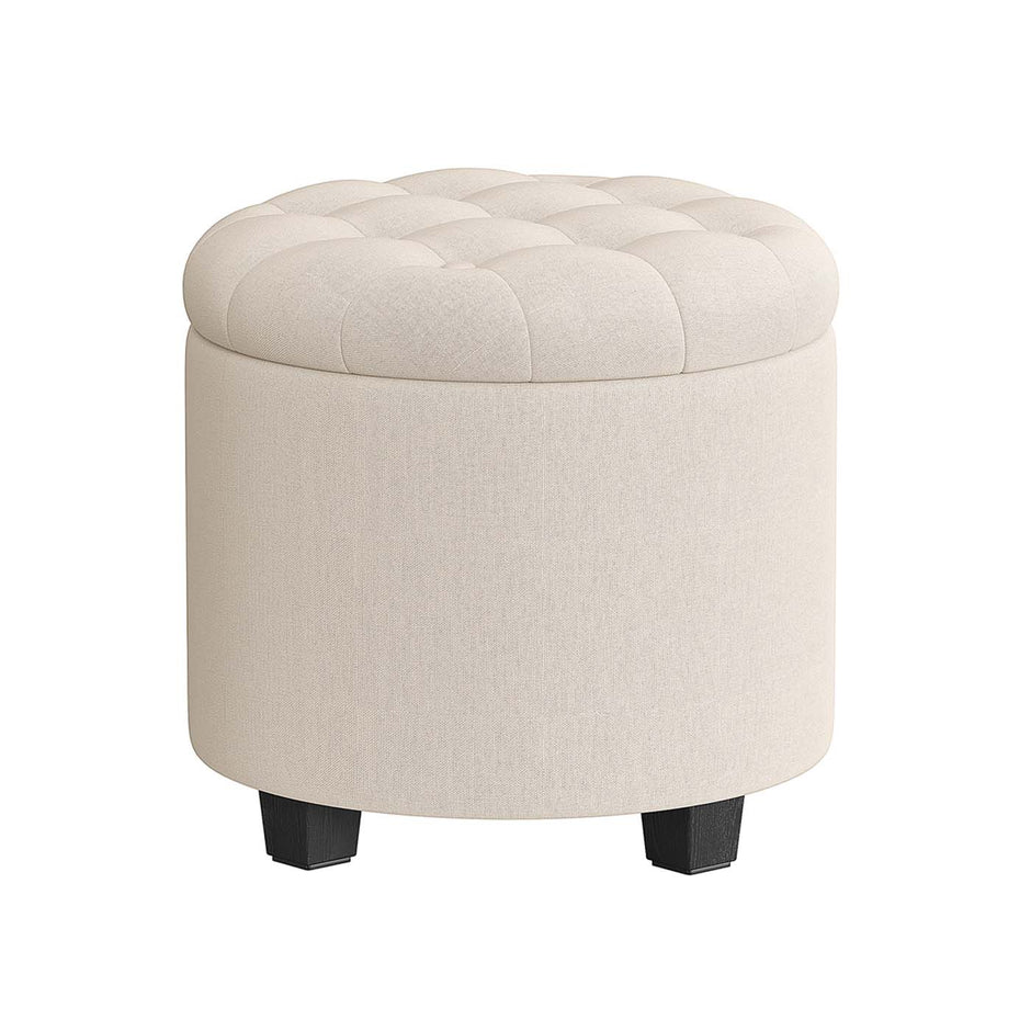 Round Ottoman – Linen-Look Fabric – Dark Grey – Storage and Footrest Functionality