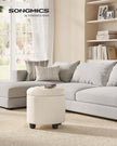 Round Ottoman – Linen-Look Fabric – Dark Grey – Storage and Footrest Functionality