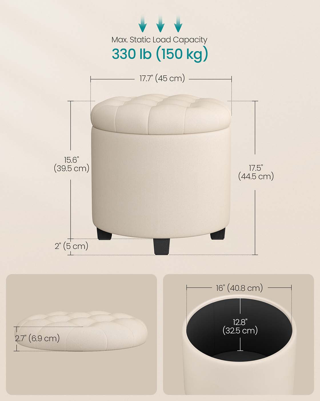 Round Ottoman – Linen-Look Fabric – Dark Grey – Storage and Footrest Functionality