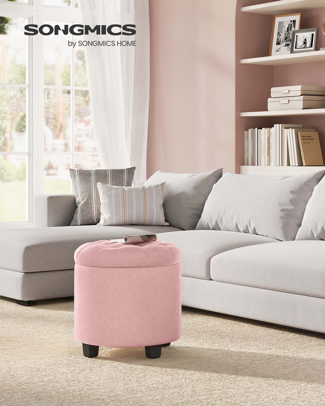 Round Ottoman – Linen-Look Fabric – Dark Grey – Storage and Footrest Functionality