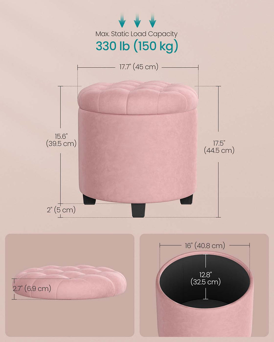 Round Ottoman – Linen-Look Fabric – Dark Grey – Storage and Footrest Functionality