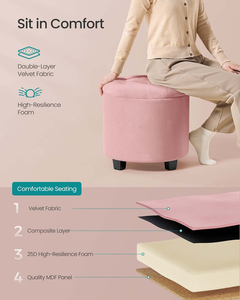 Round Ottoman – Linen-Look Fabric – Dark Grey – Storage and Footrest Functionality