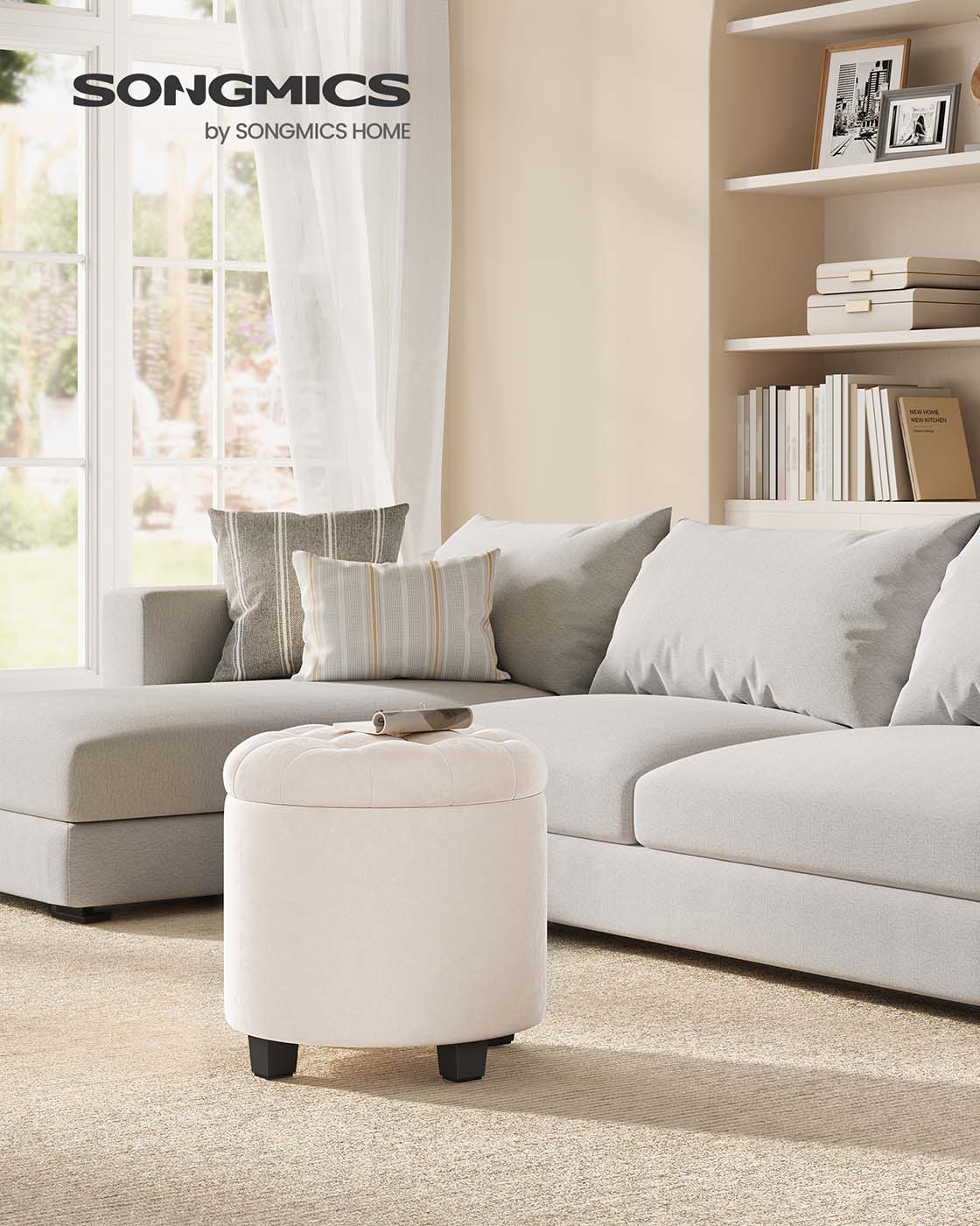 Round Ottoman – Linen-Look Fabric – Dark Grey – Storage and Footrest Functionality