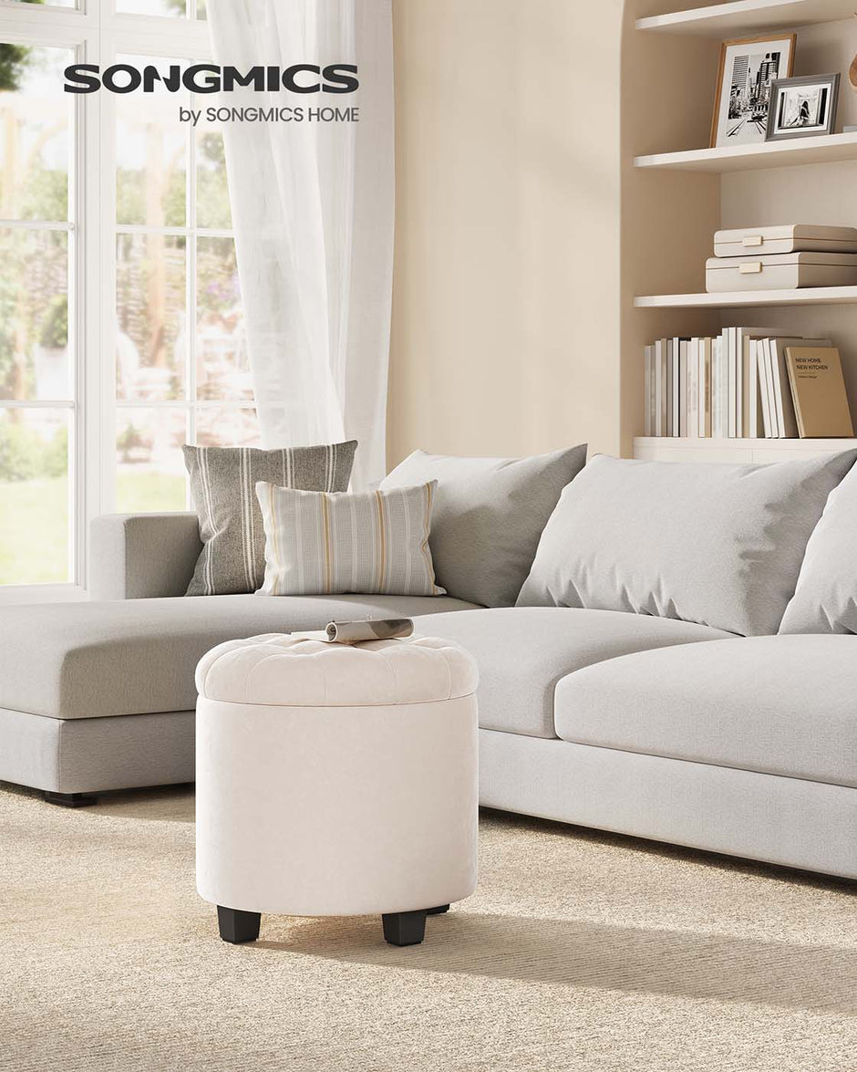 Round Ottoman – Linen-Look Fabric – Dark Grey – Storage and Footrest Functionality