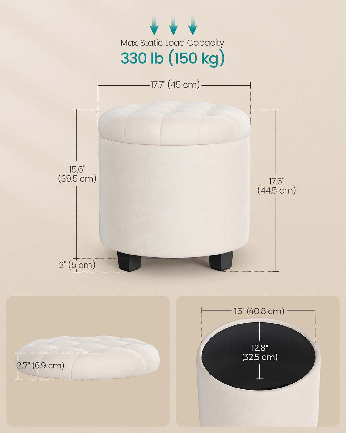 Round Ottoman – Linen-Look Fabric – Dark Grey – Storage and Footrest Functionality