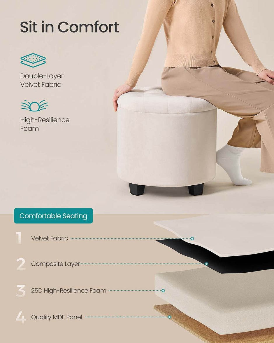 Round Ottoman – Linen-Look Fabric – Dark Grey – Storage and Footrest Functionality