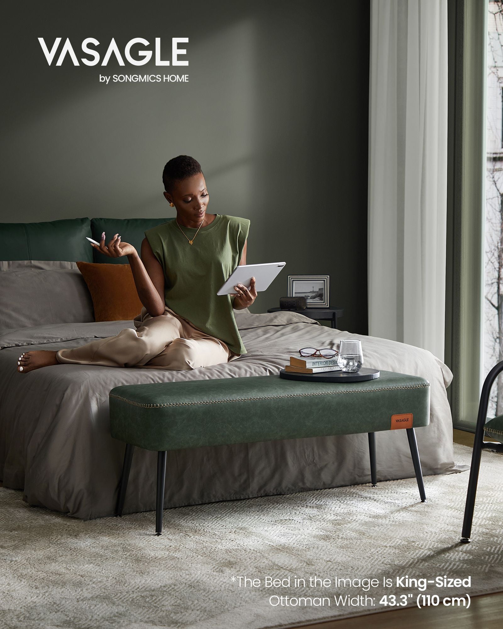 Ottoman Bench – Synthetic Leather – Forest Green – Mid-Century Modern Design, Load Capacity 300 kg