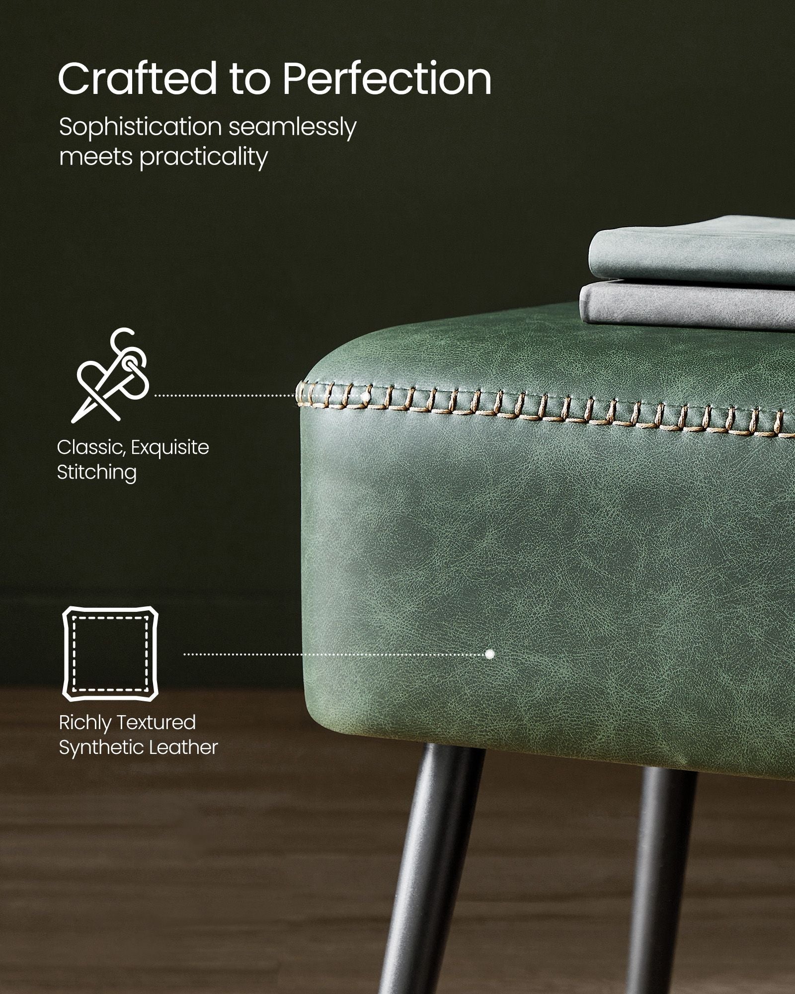 Ottoman Bench – Synthetic Leather – Forest Green – Mid-Century Modern Design, Load Capacity 300 kg