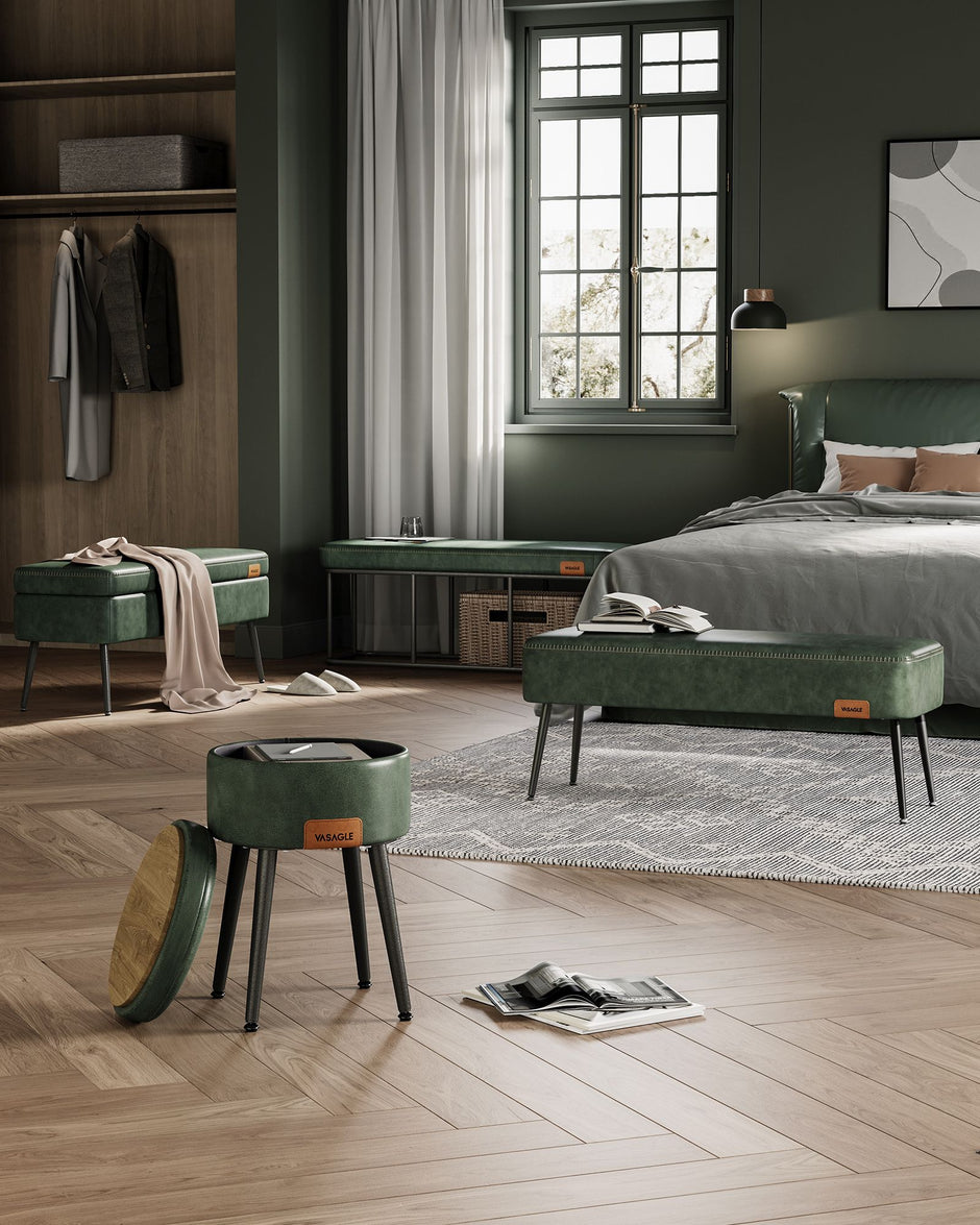 Ottoman Bench – Synthetic Leather – Forest Green – Mid-Century Modern Design, Load Capacity 300 kg