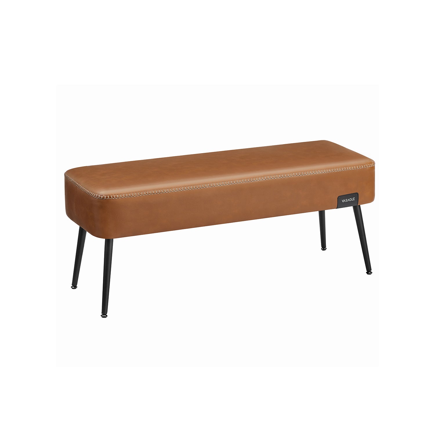 Ottoman Bench – Synthetic Leather – Caramel Brown – Mid-Century Modern with Steel Legs