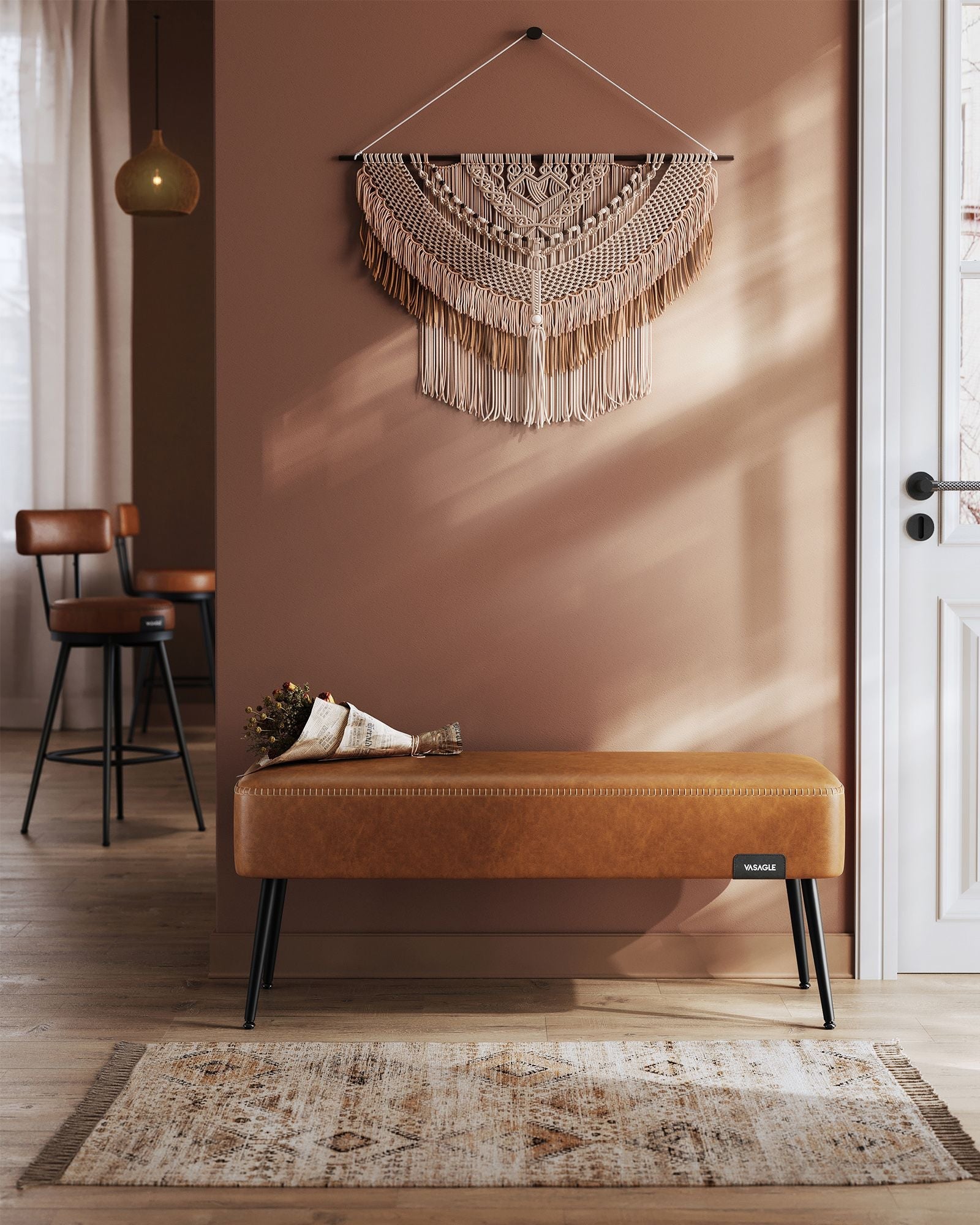 Ottoman Bench – Synthetic Leather – Caramel Brown – Mid-Century Modern with Steel Legs