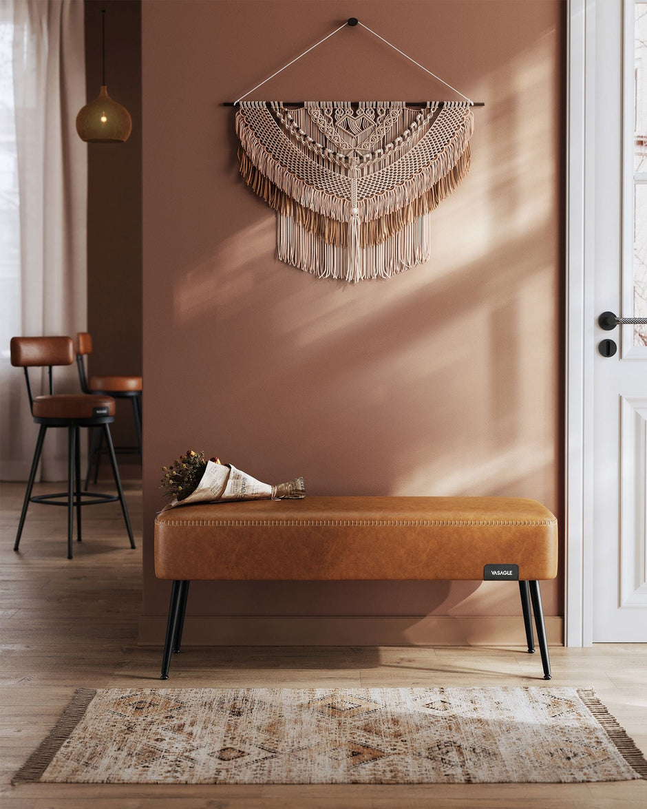 Ottoman Bench – Synthetic Leather – Caramel Brown – Mid-Century Modern with Steel Legs