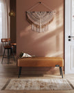 Ottoman Bench – Synthetic Leather – Caramel Brown – Mid-Century Modern with Steel Legs