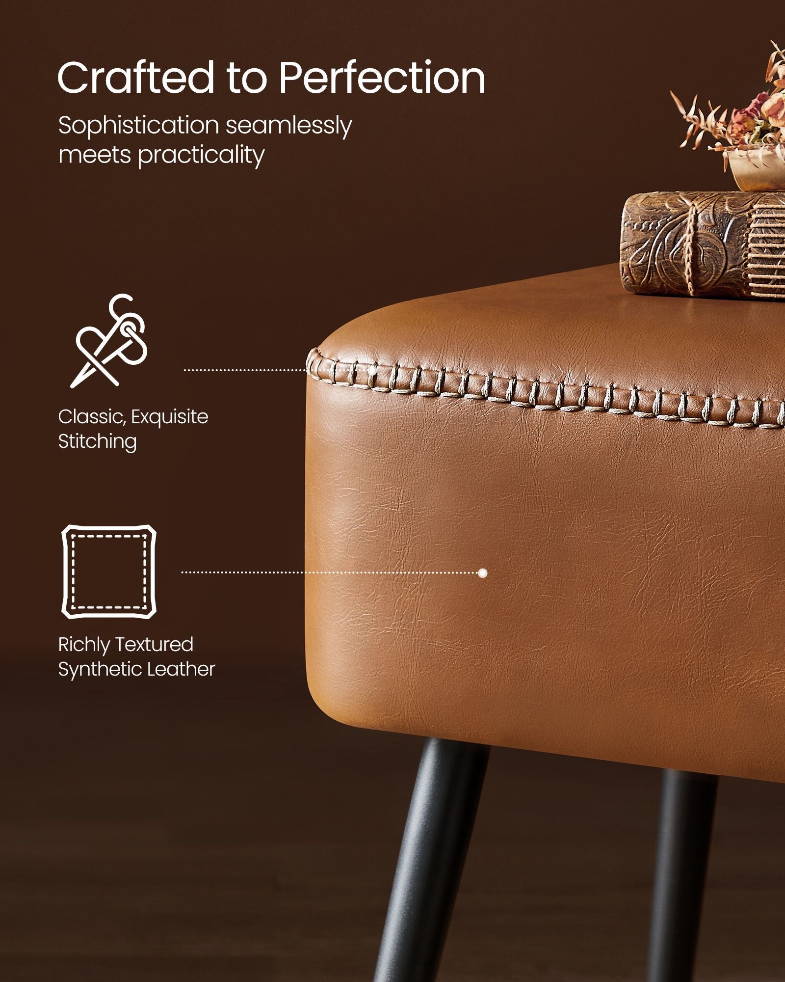 Ottoman Bench – Synthetic Leather – Caramel Brown – Mid-Century Modern with Steel Legs