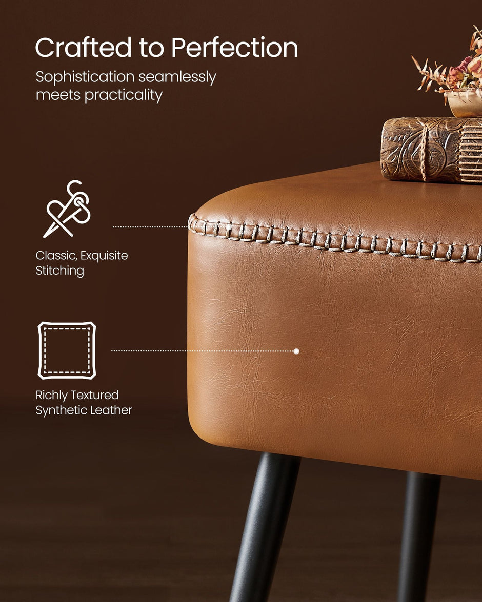 Ottoman Bench – Synthetic Leather – Caramel Brown – Mid-Century Modern with Steel Legs