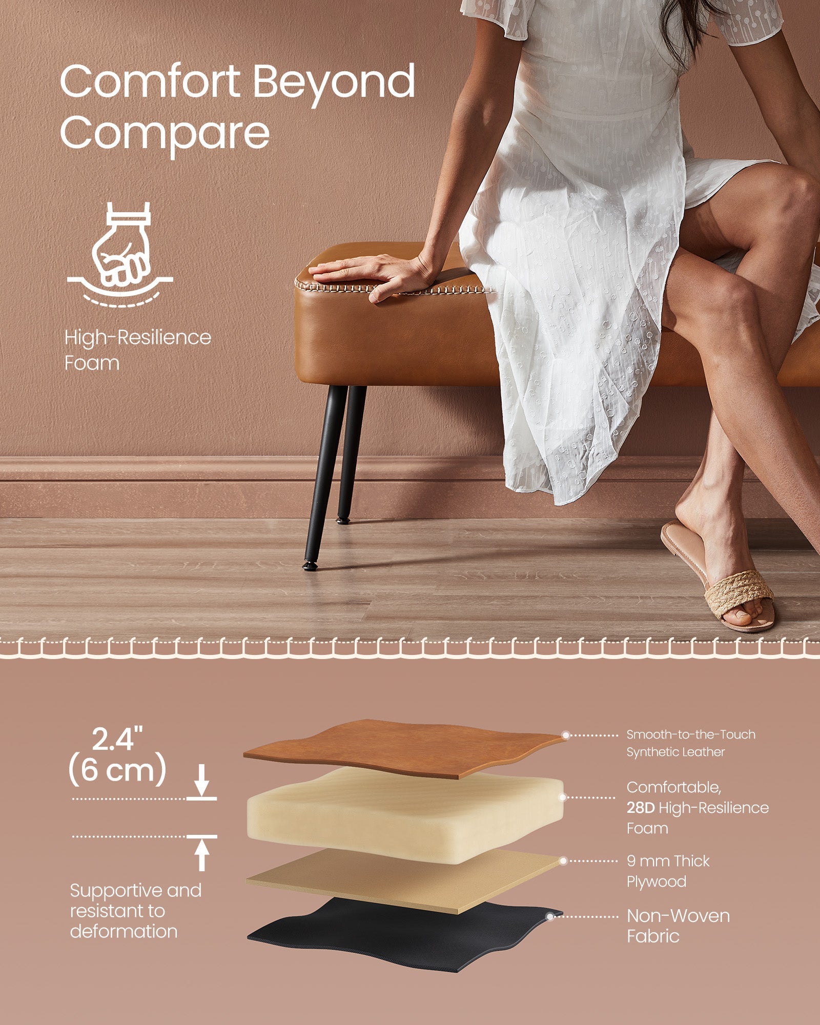 Ottoman Bench – Synthetic Leather – Caramel Brown – Mid-Century Modern with Steel Legs