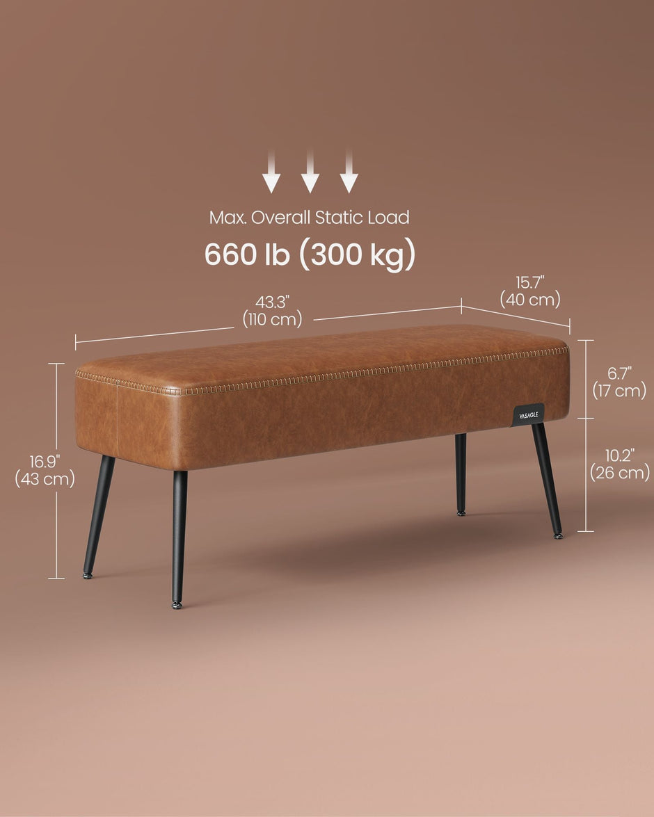 Ottoman Bench – Synthetic Leather – Caramel Brown – Mid-Century Modern with Steel Legs