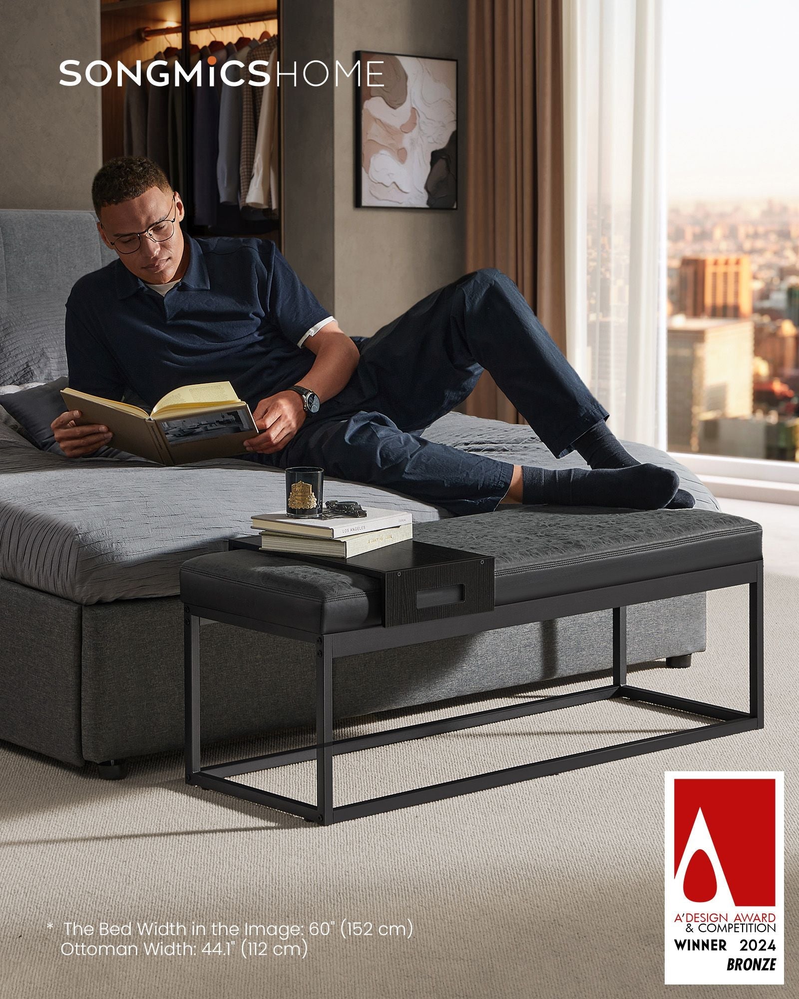 Ottoman Bench – Fabric – Ink Black – Stylish End of Bed Seating