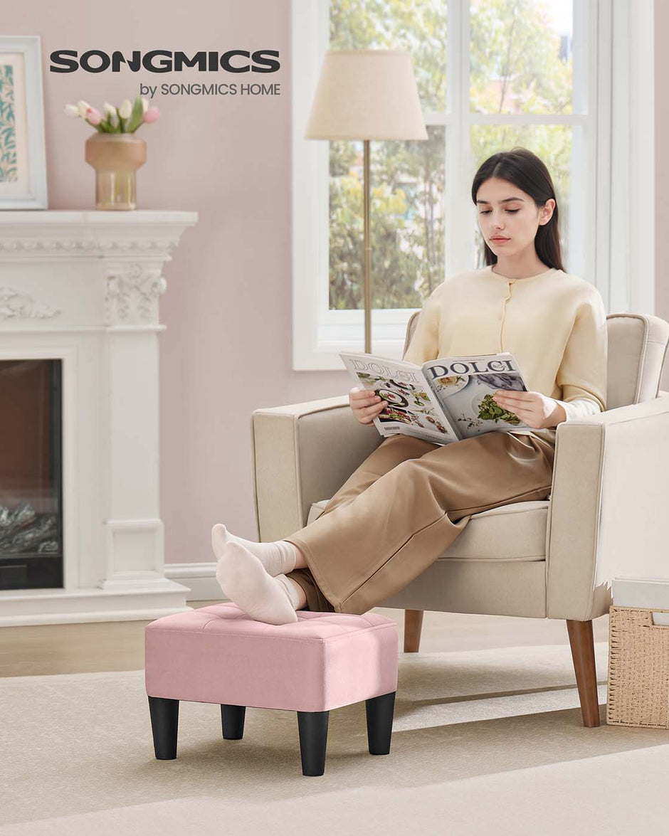 Ottoman Footstool – Velvet – Pastel Pink and Ink Black – Thick Cushion, 150 kg Weight Capacity