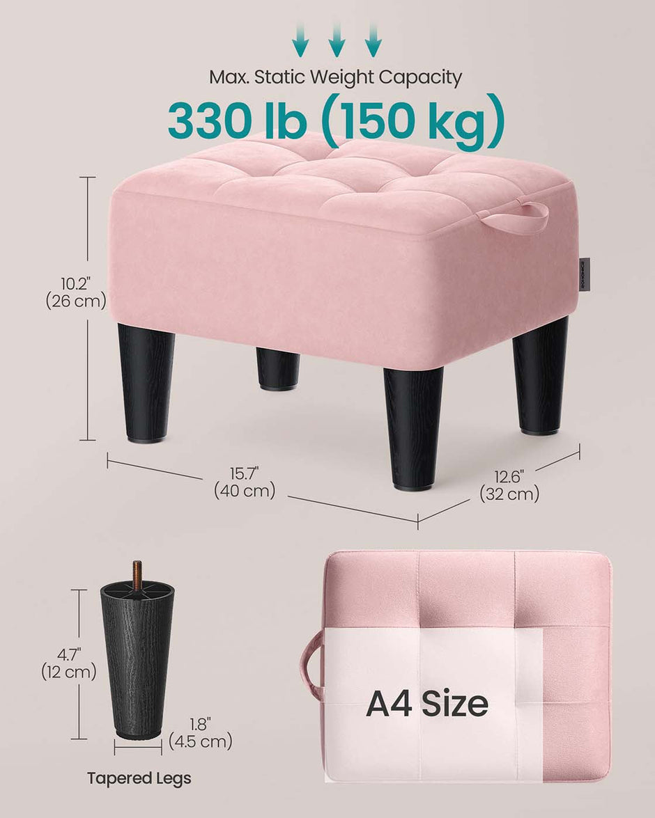 Ottoman Footstool – Velvet – Pastel Pink and Ink Black – Thick Cushion, 150 kg Weight Capacity