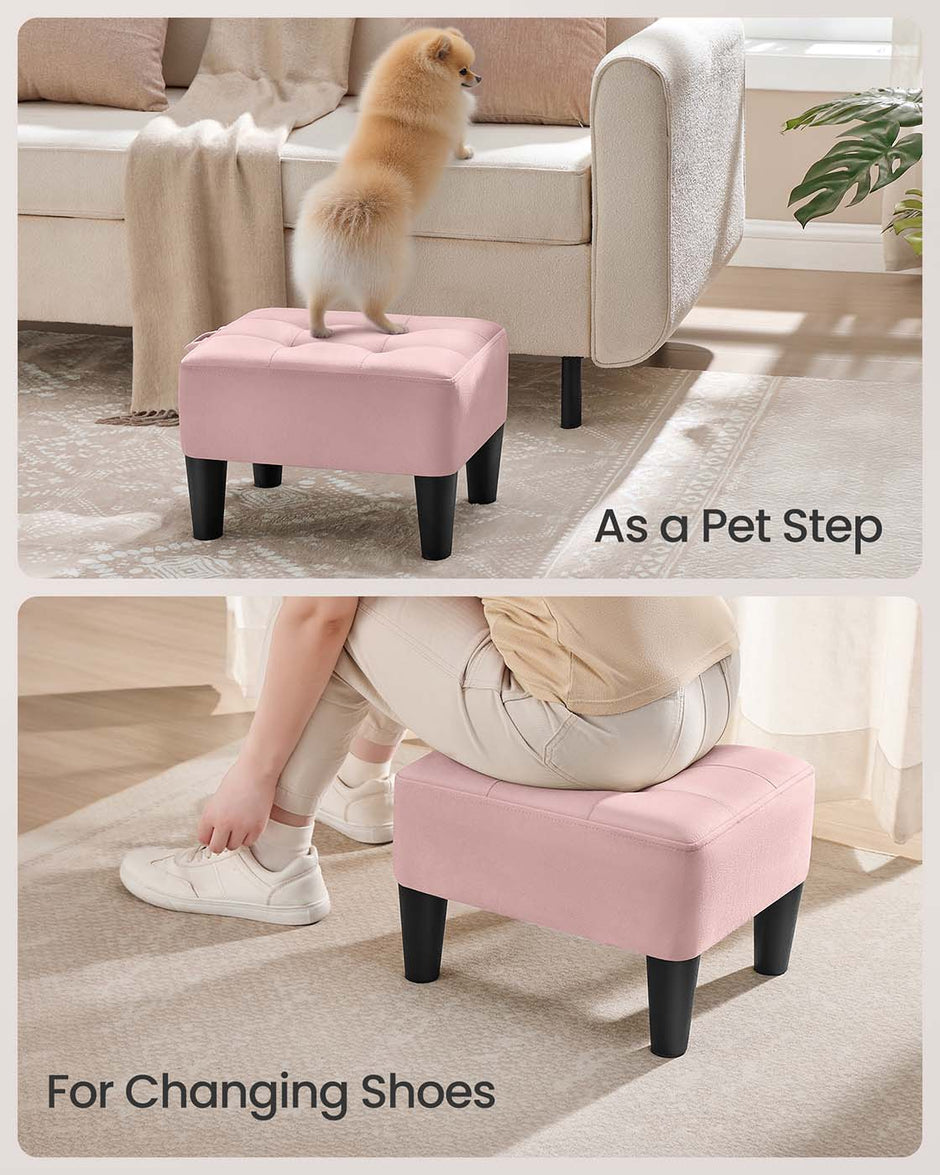 Ottoman Footstool – Velvet – Pastel Pink and Ink Black – Thick Cushion, 150 kg Weight Capacity
