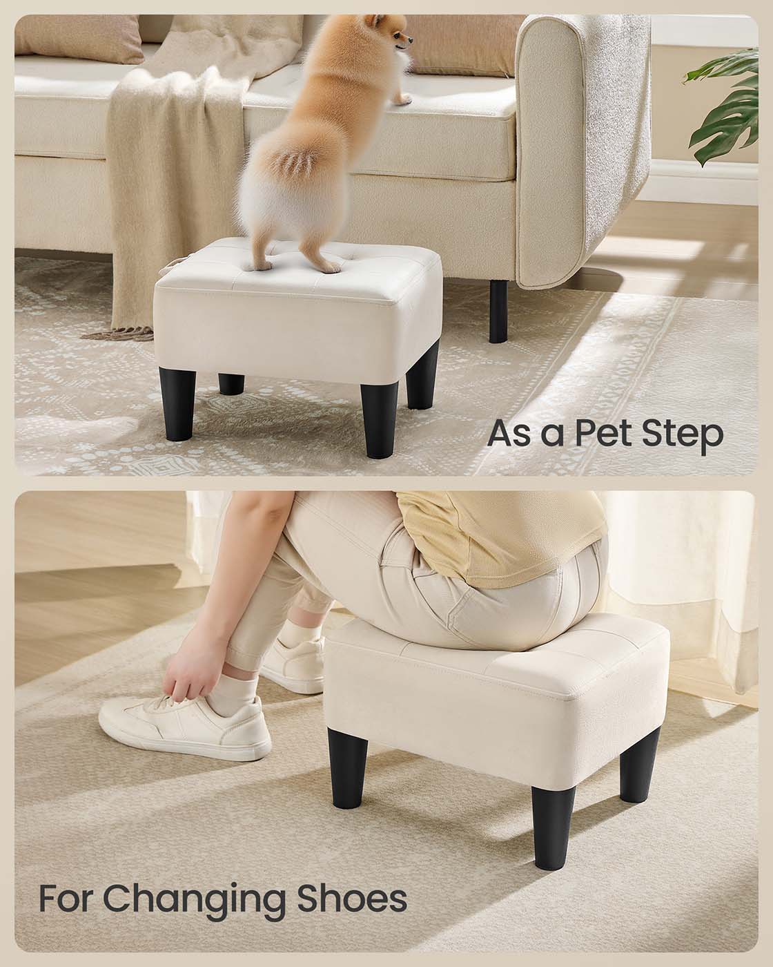 Velvet Ottoman Footstool – Cappuccino Beige and Ink Black – Thick Cushion – 150 kg Weight Capacity