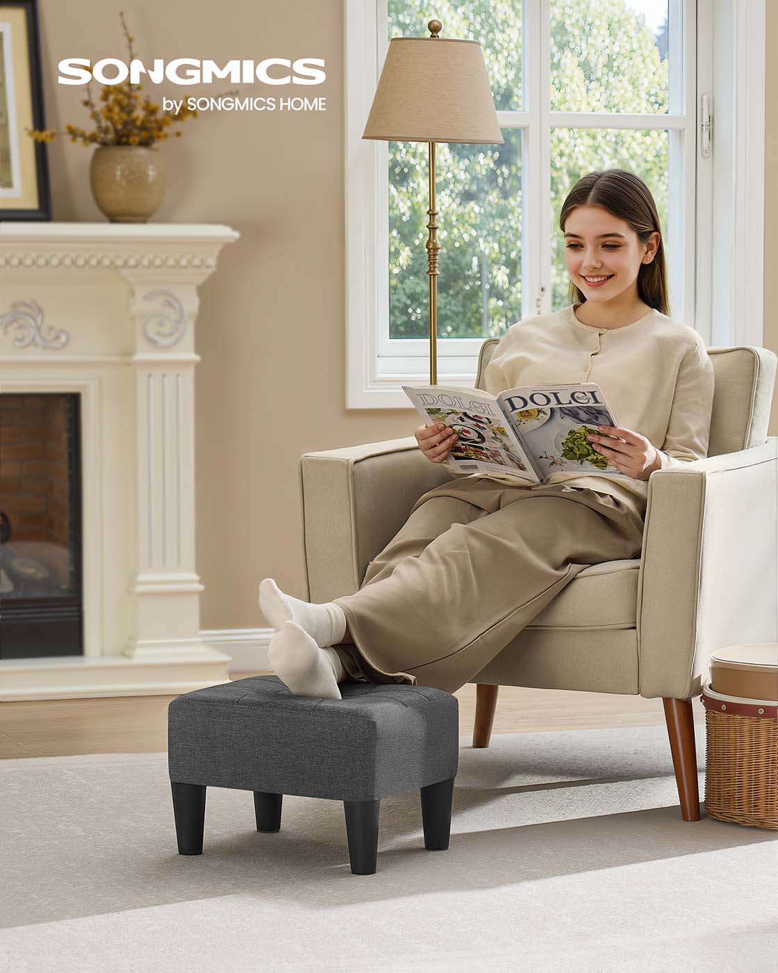 Ottoman Footstool – Linen-Look Fabric – Slate Grey and Ink Black – Thick Cushion, 150 kg Weight Capacity