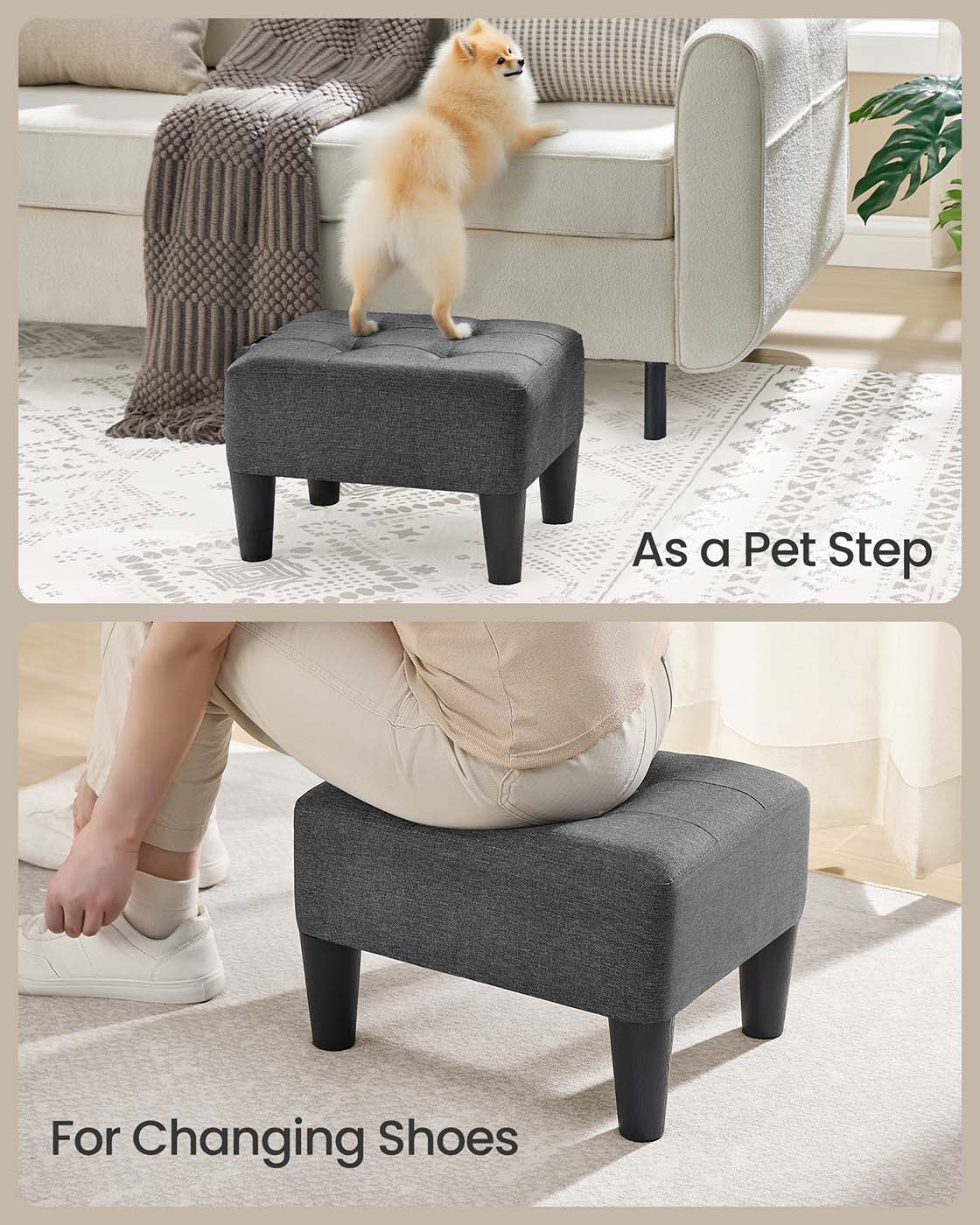 Ottoman Footstool – Linen-Look Fabric – Slate Grey and Ink Black – Thick Cushion, 150 kg Weight Capacity