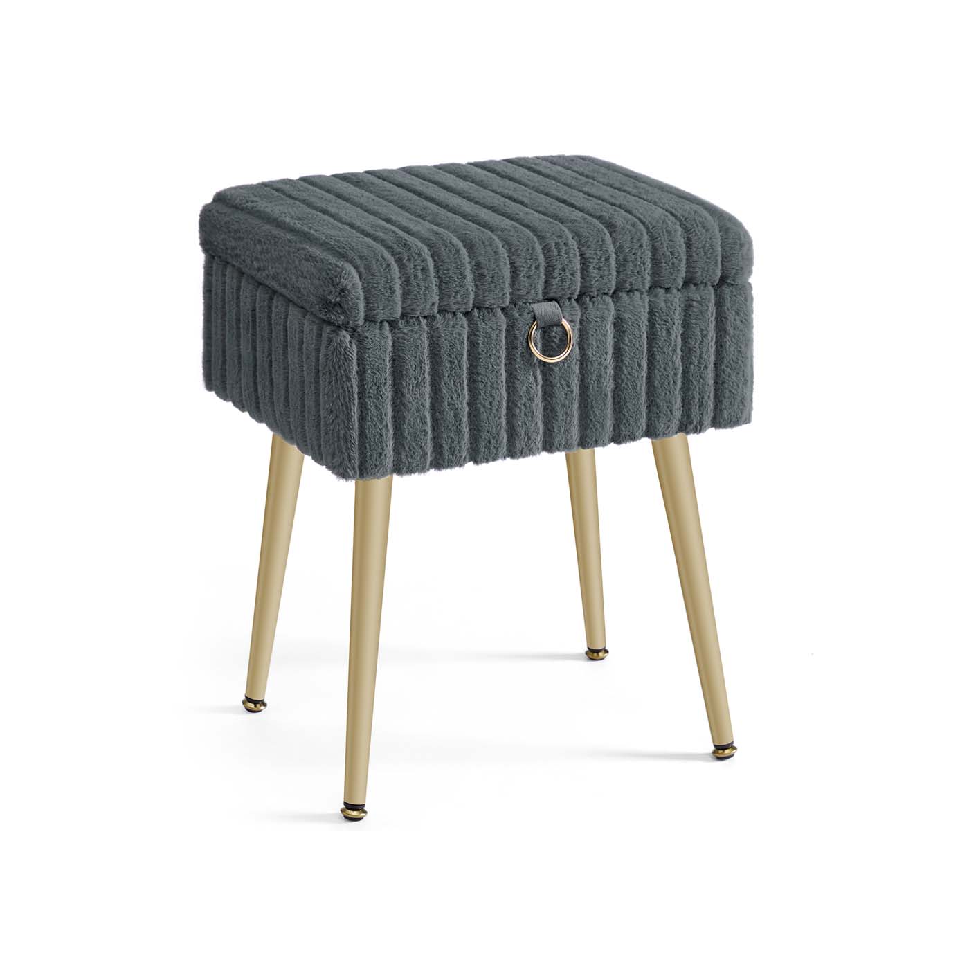 Vanity Stool – Wood and Metal – Slate Grey – Storage with Adjustable Feet