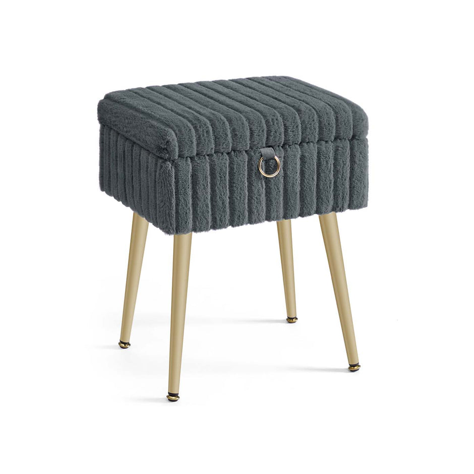 Vanity Stool – Wood and Metal – Slate Grey – Storage with Adjustable Feet