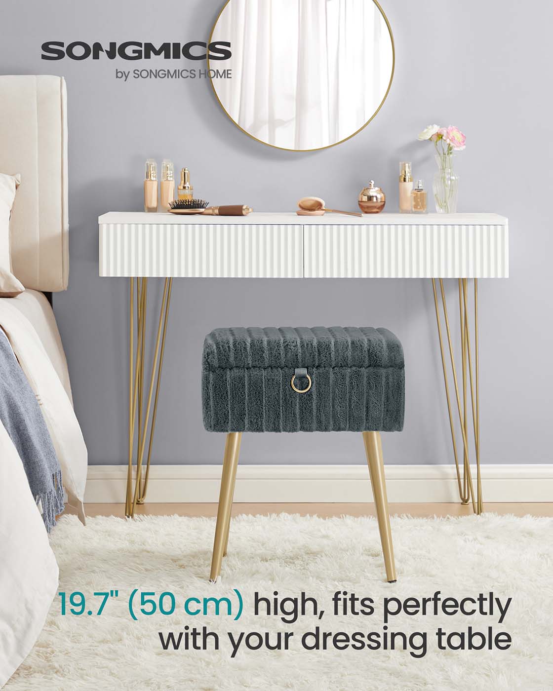 Vanity Stool – Wood and Metal – Slate Grey – Storage with Adjustable Feet