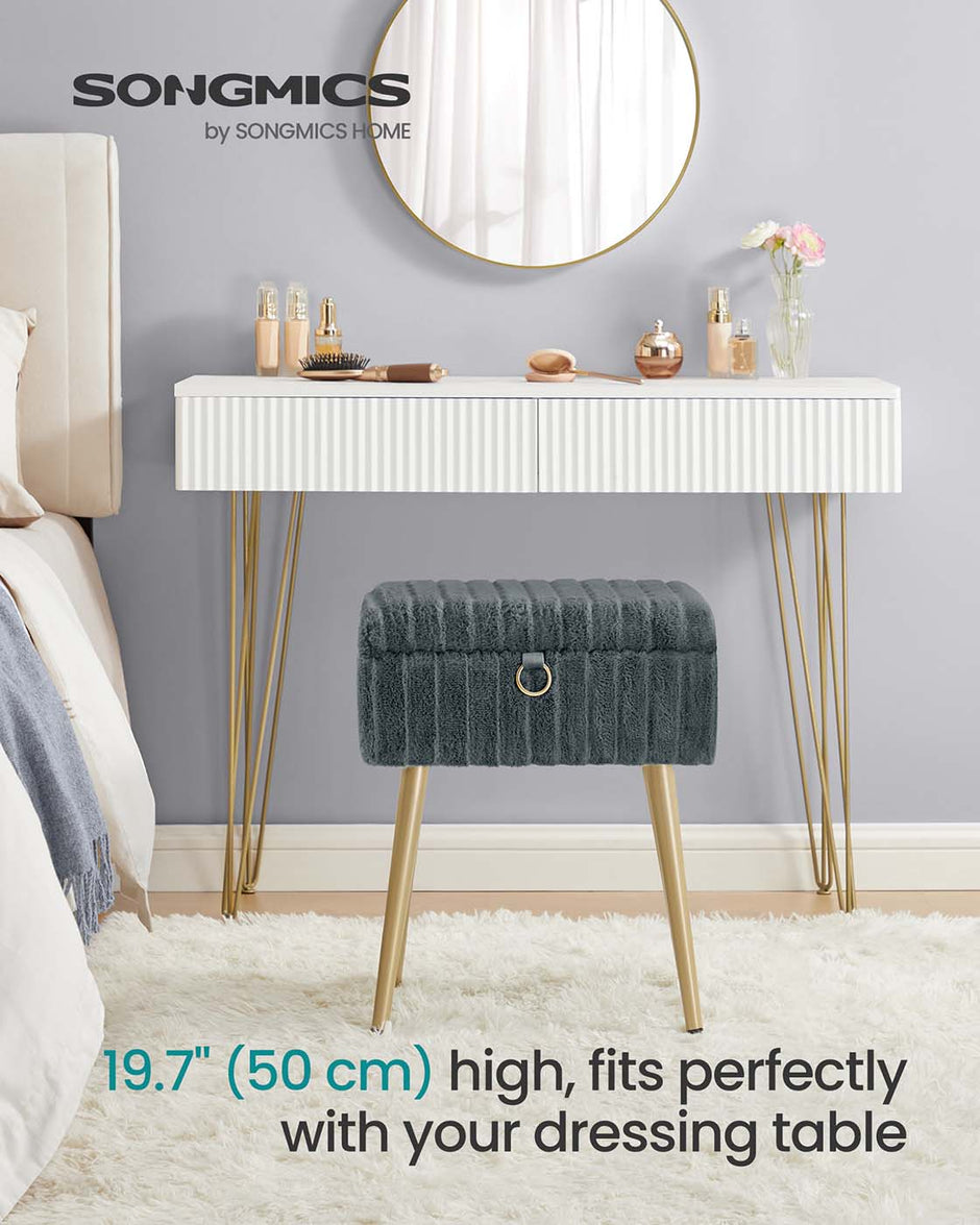 Vanity Stool – Wood and Metal – Slate Grey – Storage with Adjustable Feet