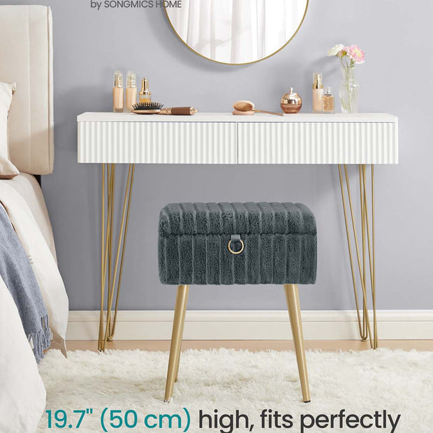 Vanity Stool – Wood and Metal – Slate Grey – Storage with Adjustable Feet