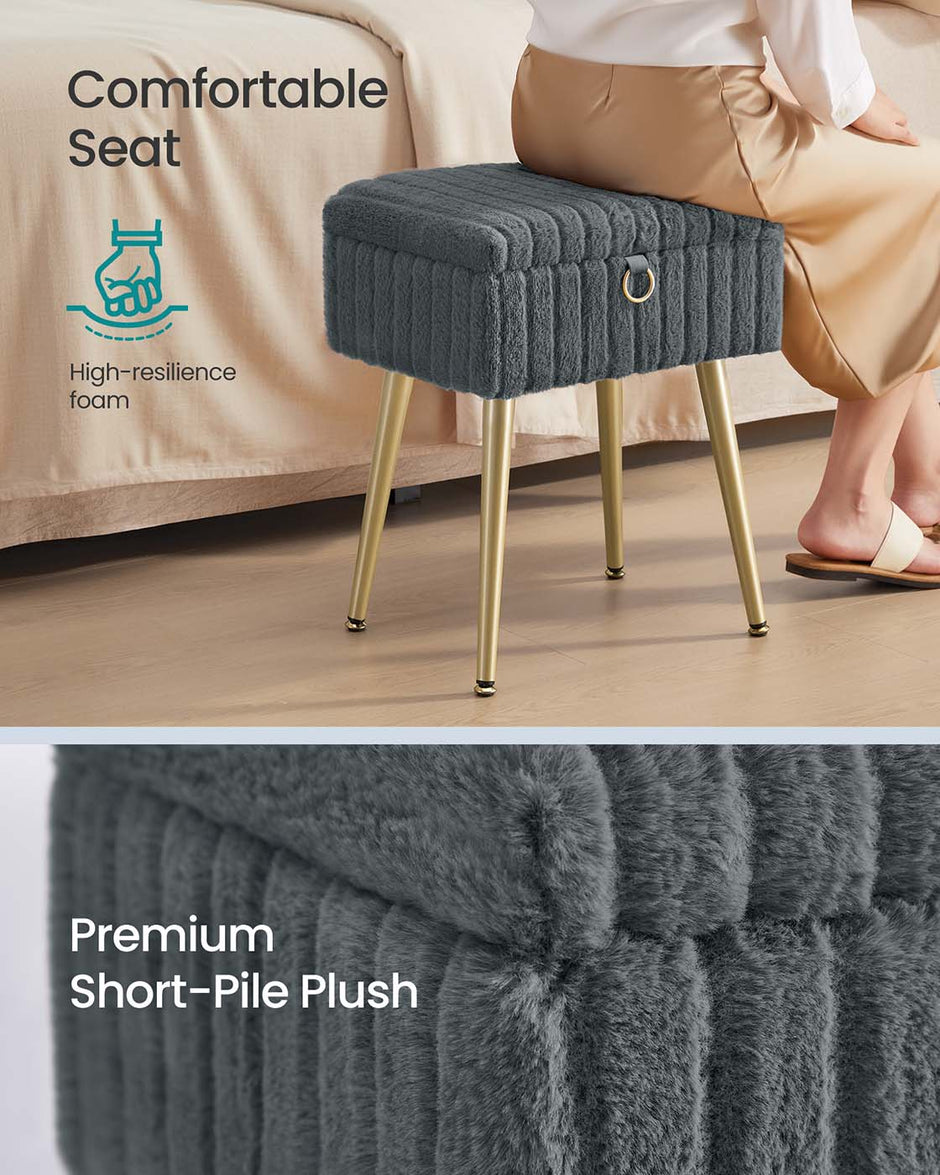 Vanity Stool – Wood and Metal – Slate Grey – Storage with Adjustable Feet
