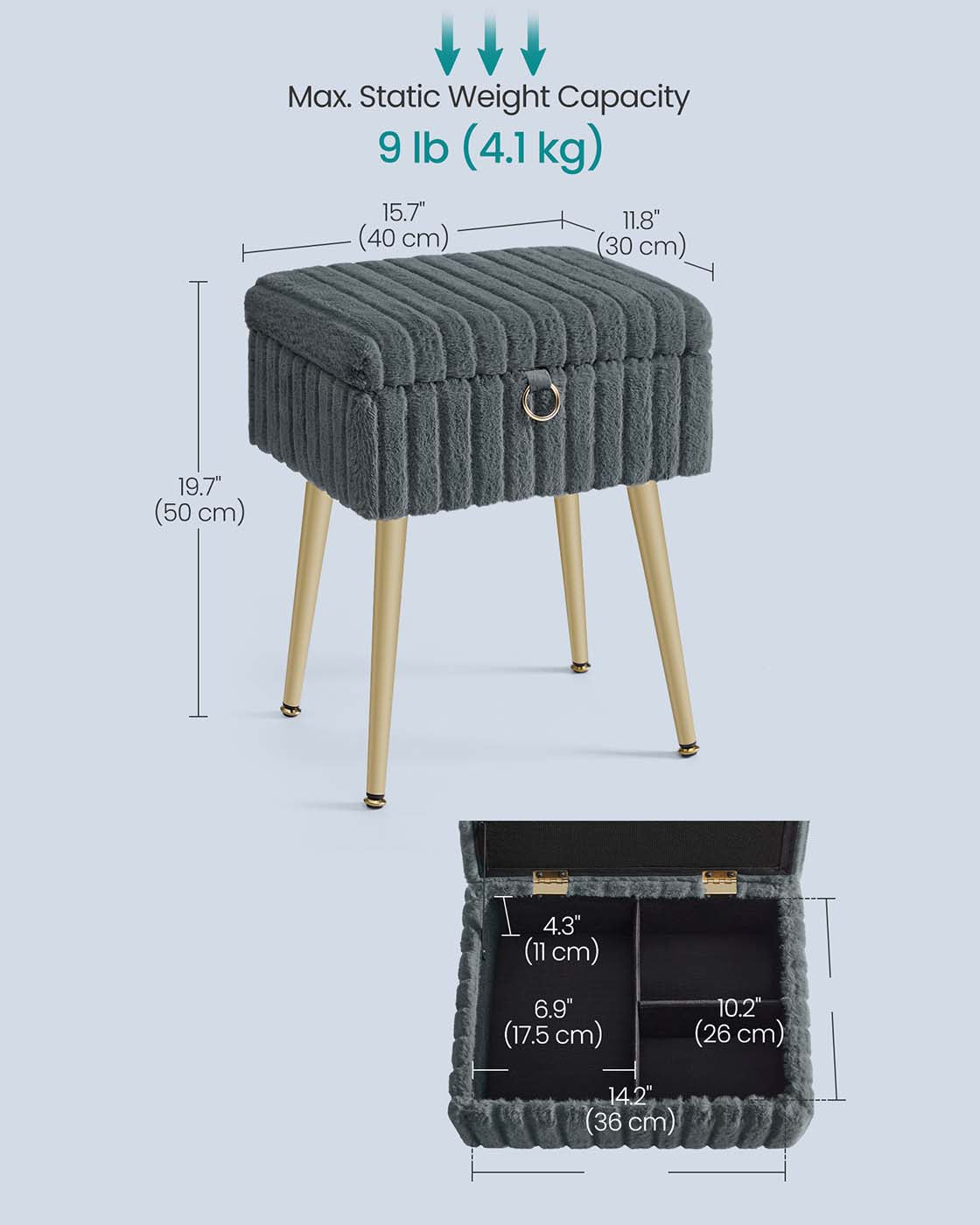 Vanity Stool – Wood and Metal – Slate Grey – Storage with Adjustable Feet