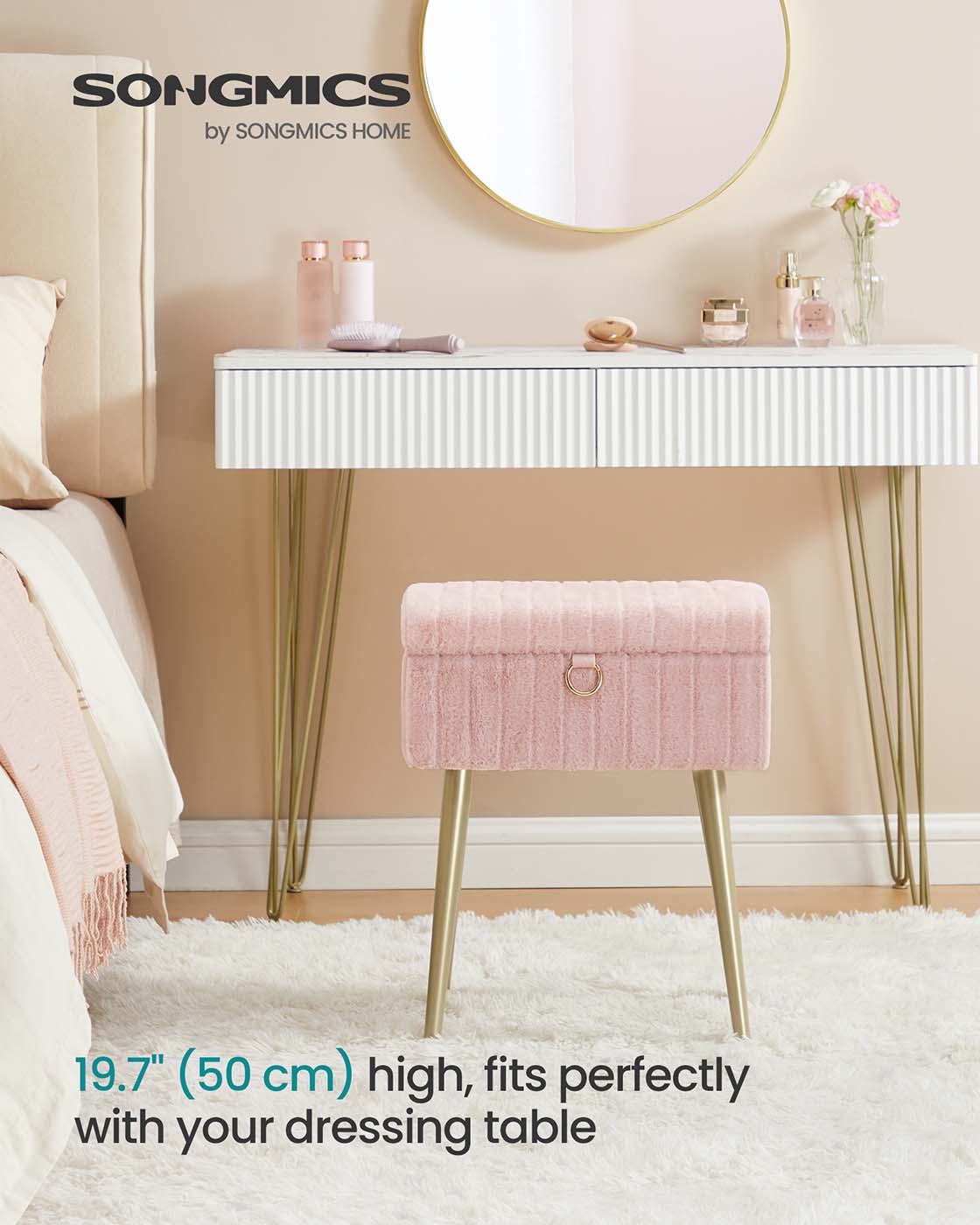 Vanity Stool – Wood and Metal – Slate Grey – Storage with Adjustable Feet